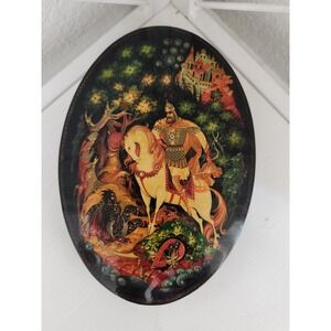 Vtg Russian USSR Palekh Lacquer Oval Box Handpainted Folklore Ruslan Ludmila